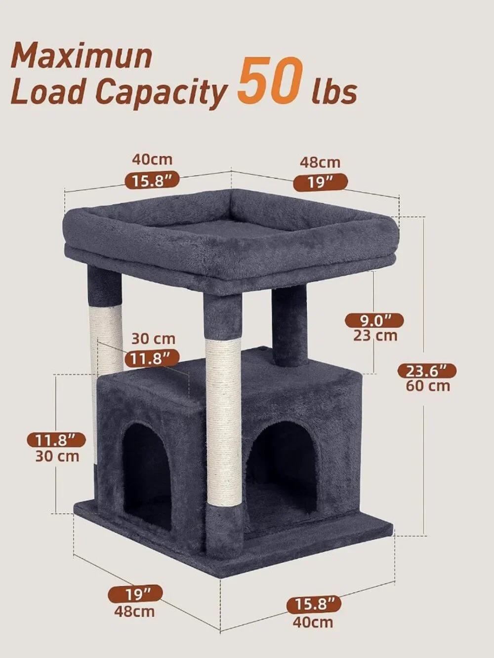 Large Cat Tree with Scratching Post & 2-Door Condo, Easy Clean, Dark Gray